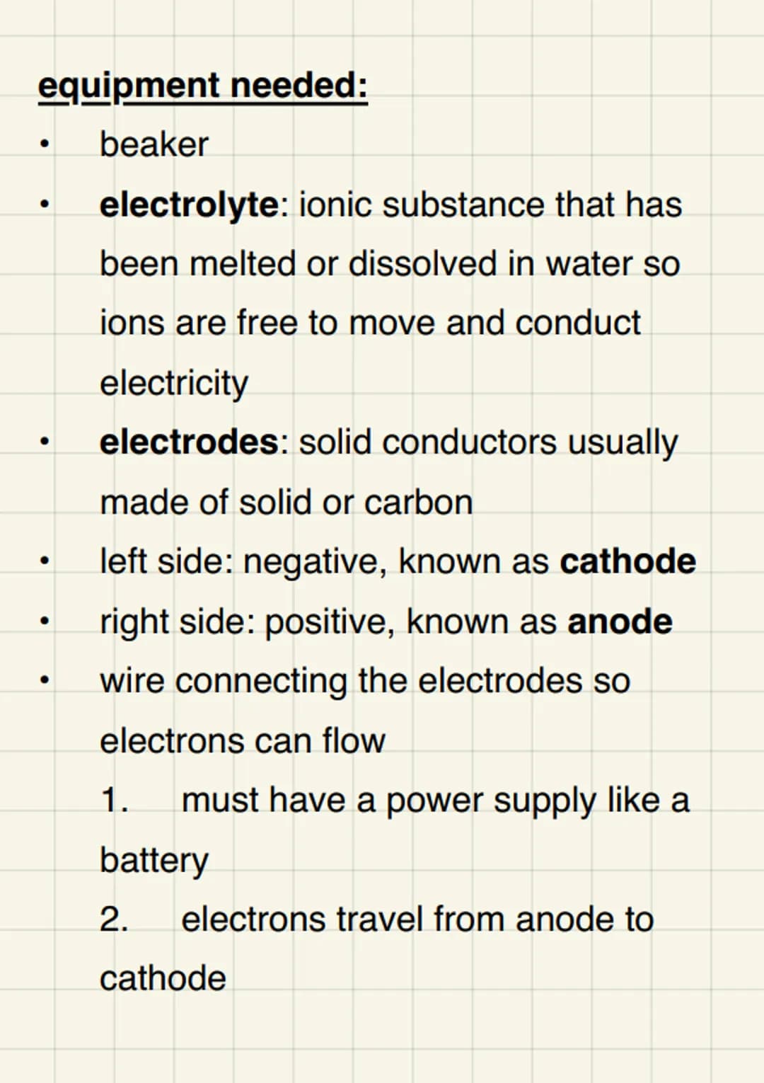 electrolysis

@aleyahafsa

battery

wire

electrodes
+
anode

electrodes
cathode

electrolyte

beaker

electrolysis: the process of extracti