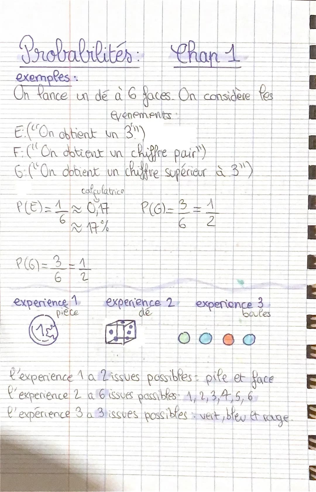 # Probabilités: Chap 1

exemples:
On lance un dé à 6 faces. On considère Pes
evenements
E:("On obtient un 3")
F. ("On obtient un chiffre pai