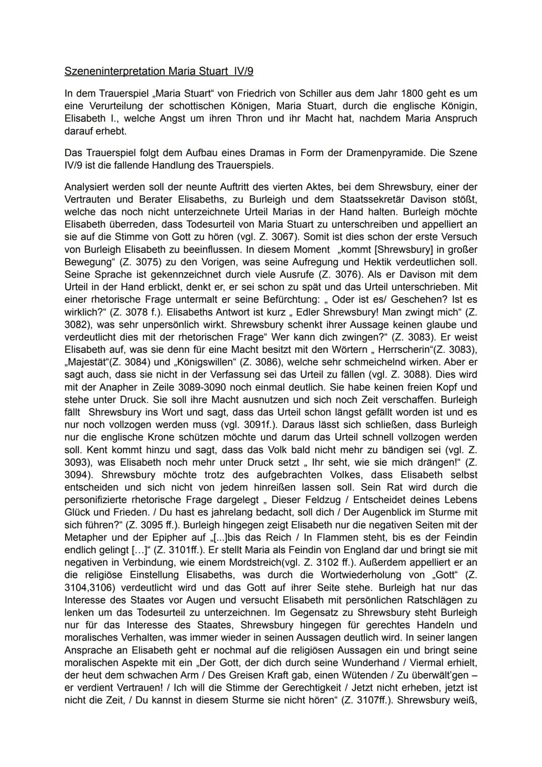 # Szeneninterpretation Maria Stuart IV/9

In dem Trauerspiel „Maria Stuart von Friedrich von Schiller aus dem Jahr 1800 geht es um
eine Veru