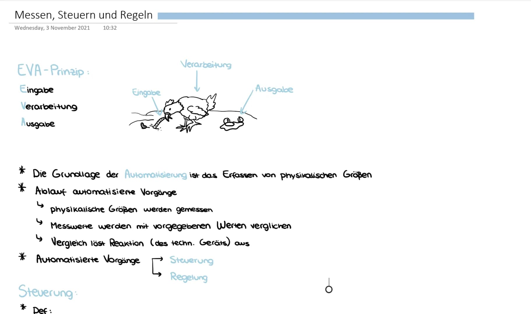 # Messen, Steuern und Regeln
Wednesday, 3 November 2021 10:32

EVA-Prinzip:
Eingabe
Verarbeitung
Ausgabe

Verarbeitung
Eingabe
Ausgabe

* Di