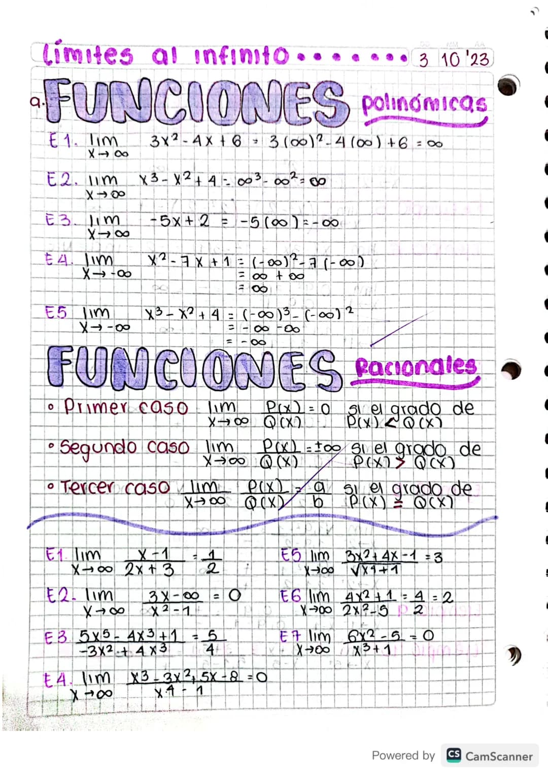 # limites al infinito..... 3 10 '23

a. FUNCIONES polinómicas

E 1. $\lim_{X-\0\infty} 3x^2-4X+6=3 (00)^2-4 (00)+6=\infty$

E2. $\lim_{X00} 