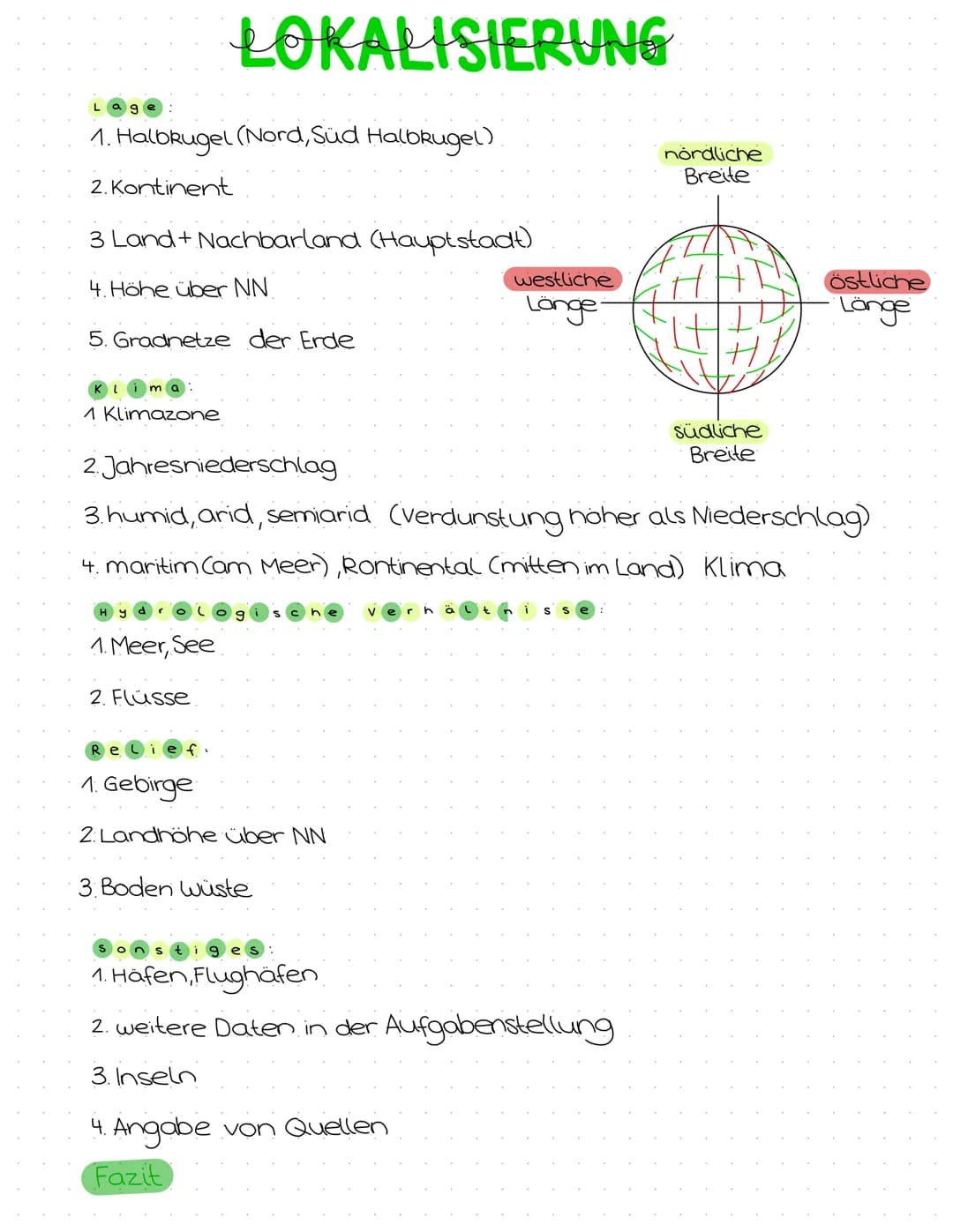 # LOKALISIERUNG

Lage
1. Halbkugel (Nord, Süd Halbkugel)
2. Kontinent
3 Land + Nachbarland (Hauptstadt)
4. Höhe über NN
5. Gradnetze der Erd