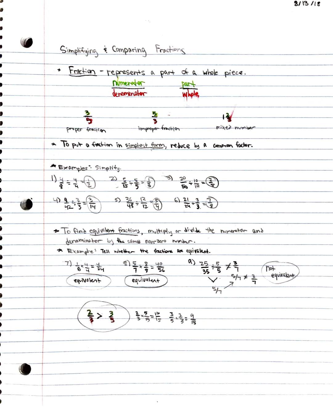 Simplifying & Comparing Fractions.

* Fraction - represents a part of a whole piece.

numerator
denominator

part
Whole

proper fractio
impr