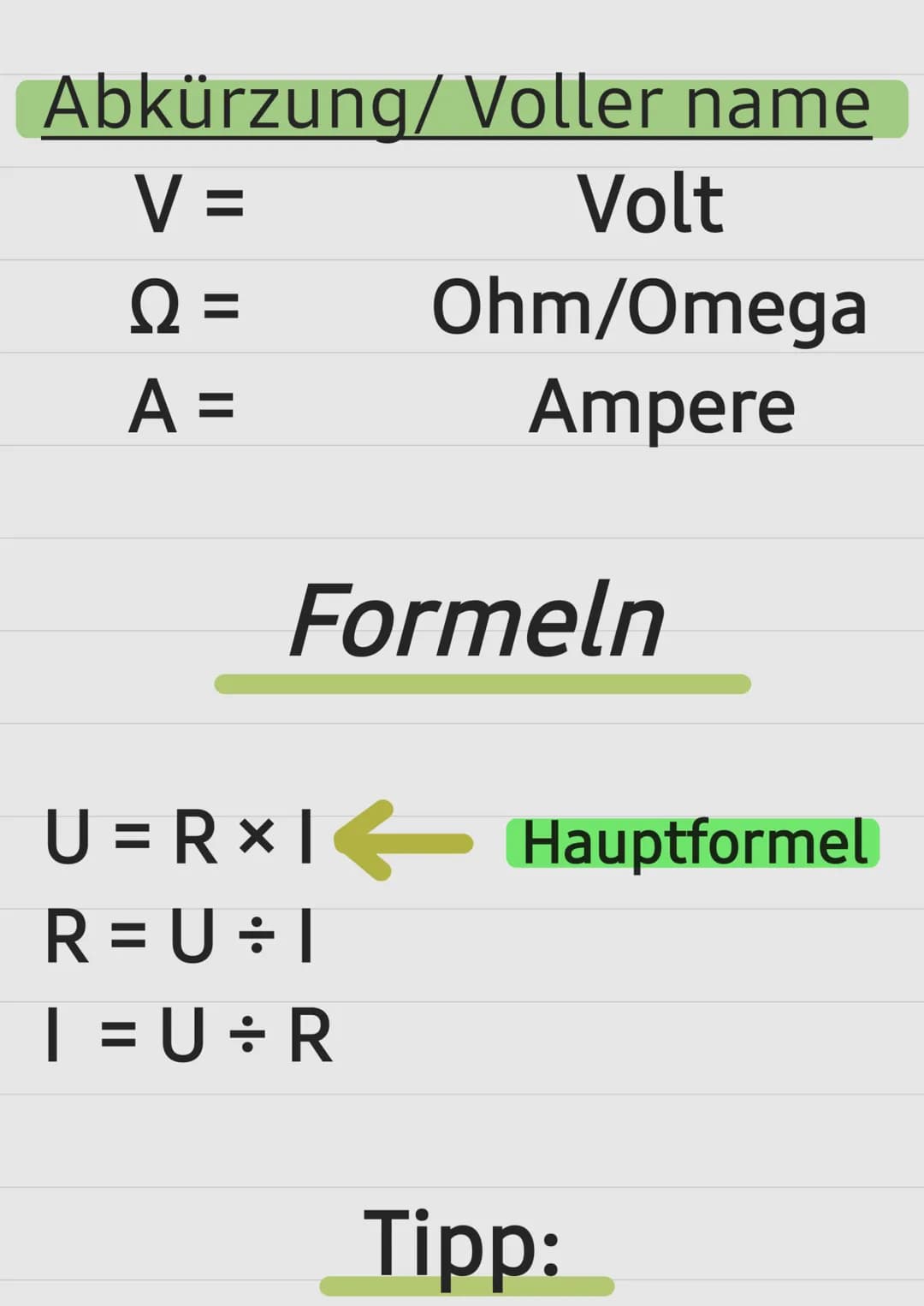 # Das Ohmsche Gesetz

URI

Bedeutung Einheit

U = Spannung = V
R = Wiederstand = $\Omega$
| = Stromstärke = A

Einheiten Abkürzung/ Voller n
