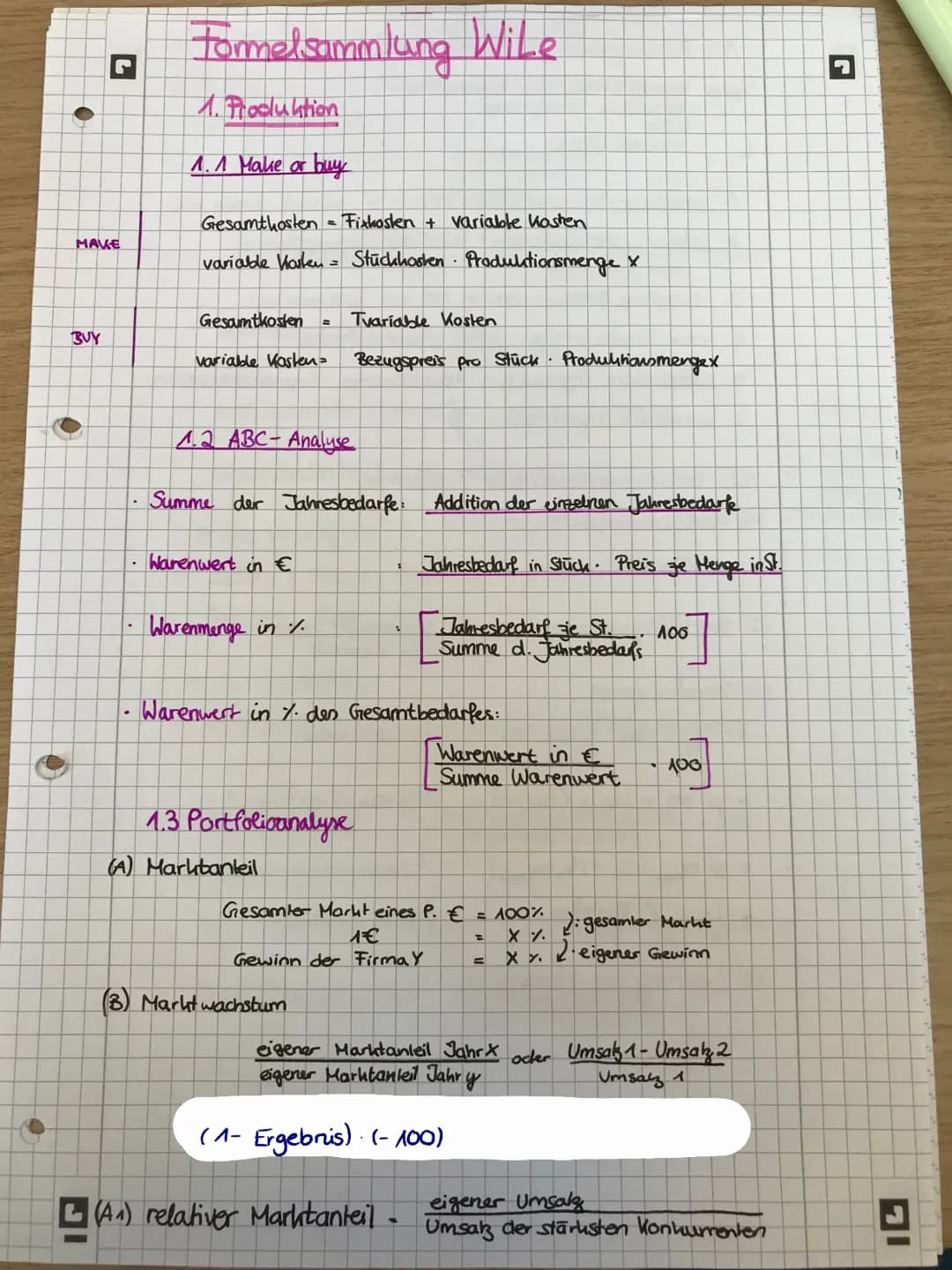 # Formelsammlung # Q1 Produktion
- Malie or buy
- (abc-Analyse)
- Portfolioanalyse
- Deckungsbeitrag /optimales Produktionsprogramm
- betrie