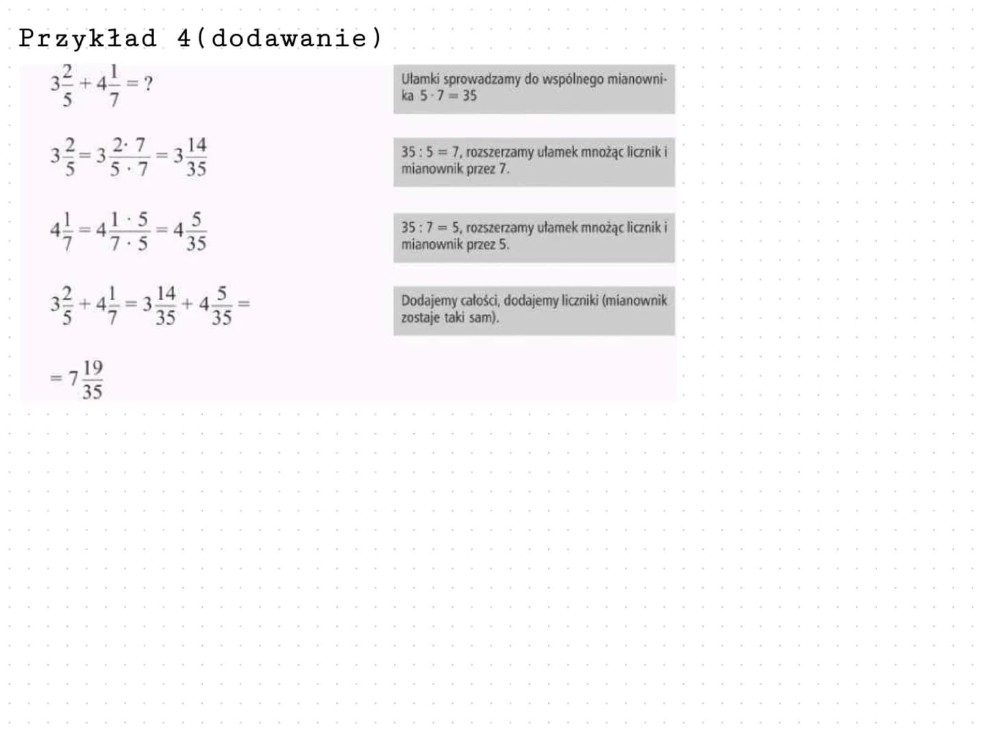 Dodawanie i odejmowanie ułamków o różnych mianownikach

Przykład 1 (odejmowanie)

$\\frac{7}{8} - \\frac{4}{5} =$

$\\frac{7}{8} = \\frac{7x