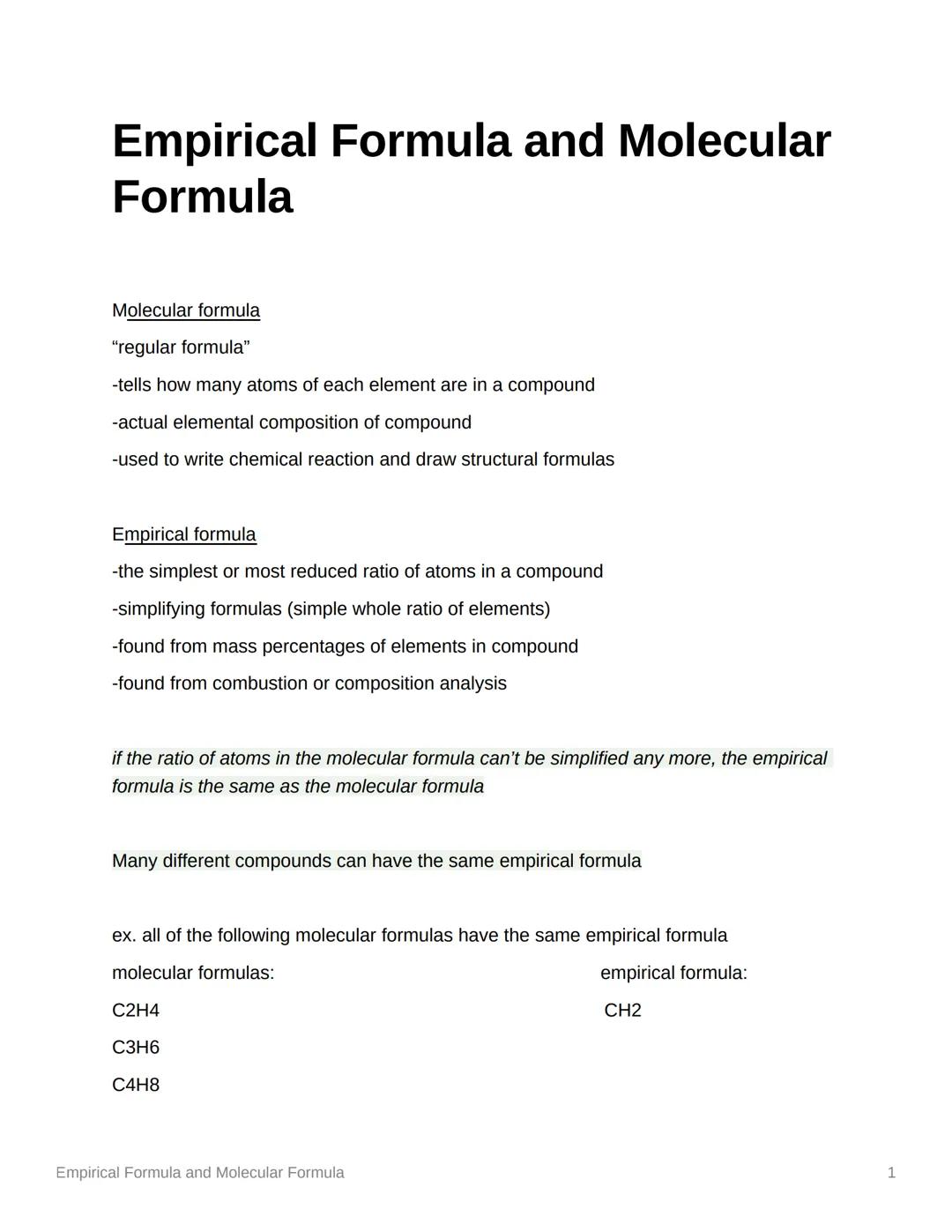 # Empirical Formula and Molecular
Formula

Molecular formula

"regular formula"

-tells how many atoms of each element are in a compound

-a
