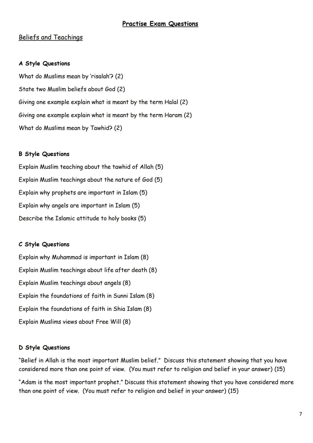 # Islamic Paper:

## Key Quotes

## and Practise

## Questions

1 # Key Quotations

Beliefs and Teachings

*   'You must believe in Allah, h