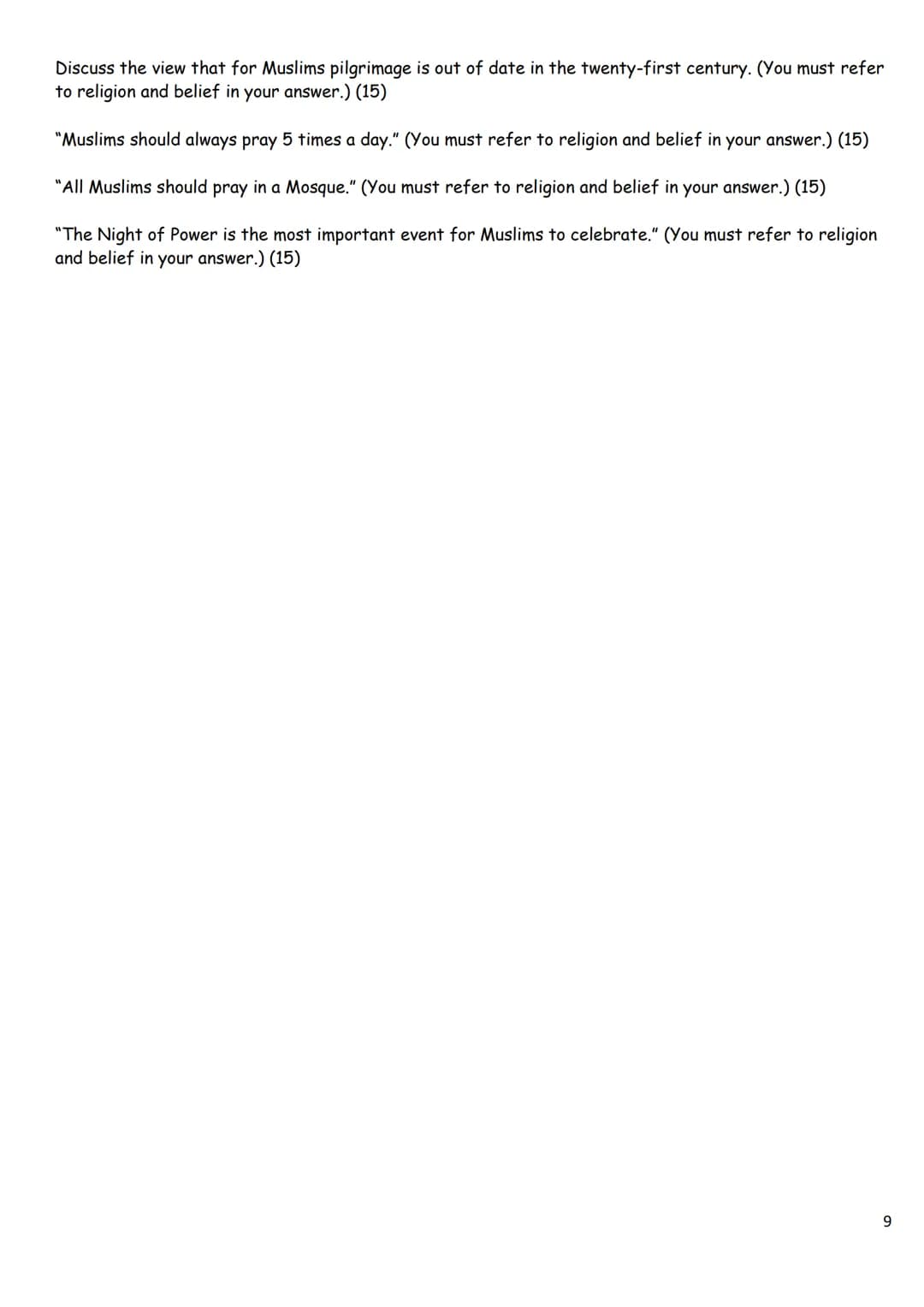# Islamic Paper:

## Key Quotes

## and Practise

## Questions

1 # Key Quotations

Beliefs and Teachings

*   'You must believe in Allah, h
