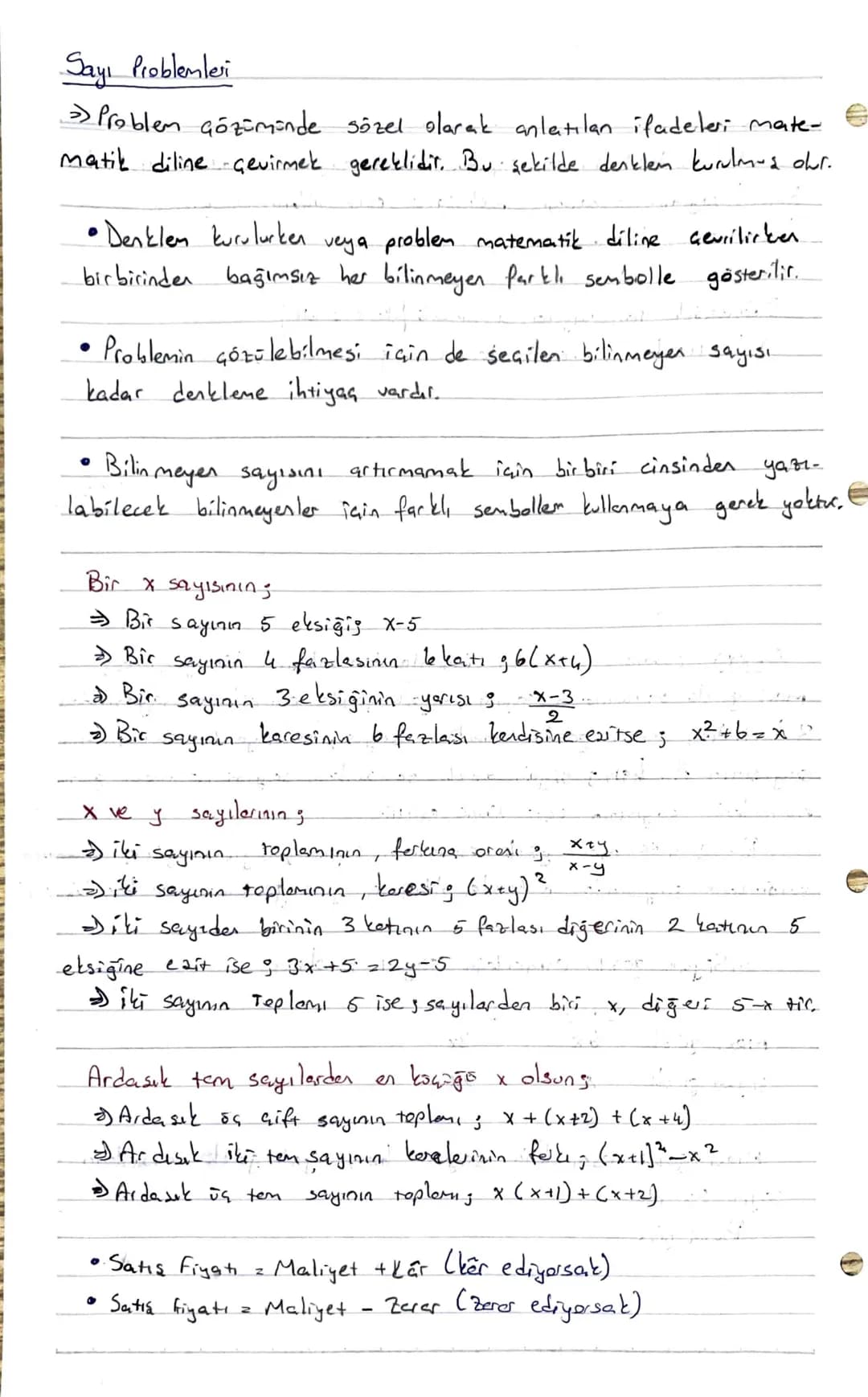 # Sayı Problemleri

$
\Rightarrow$ Problem çözümünde sözel olarak anlatılan ifadeleri mate-
matik diline çevirmek gereklidir. Bu şekilde den