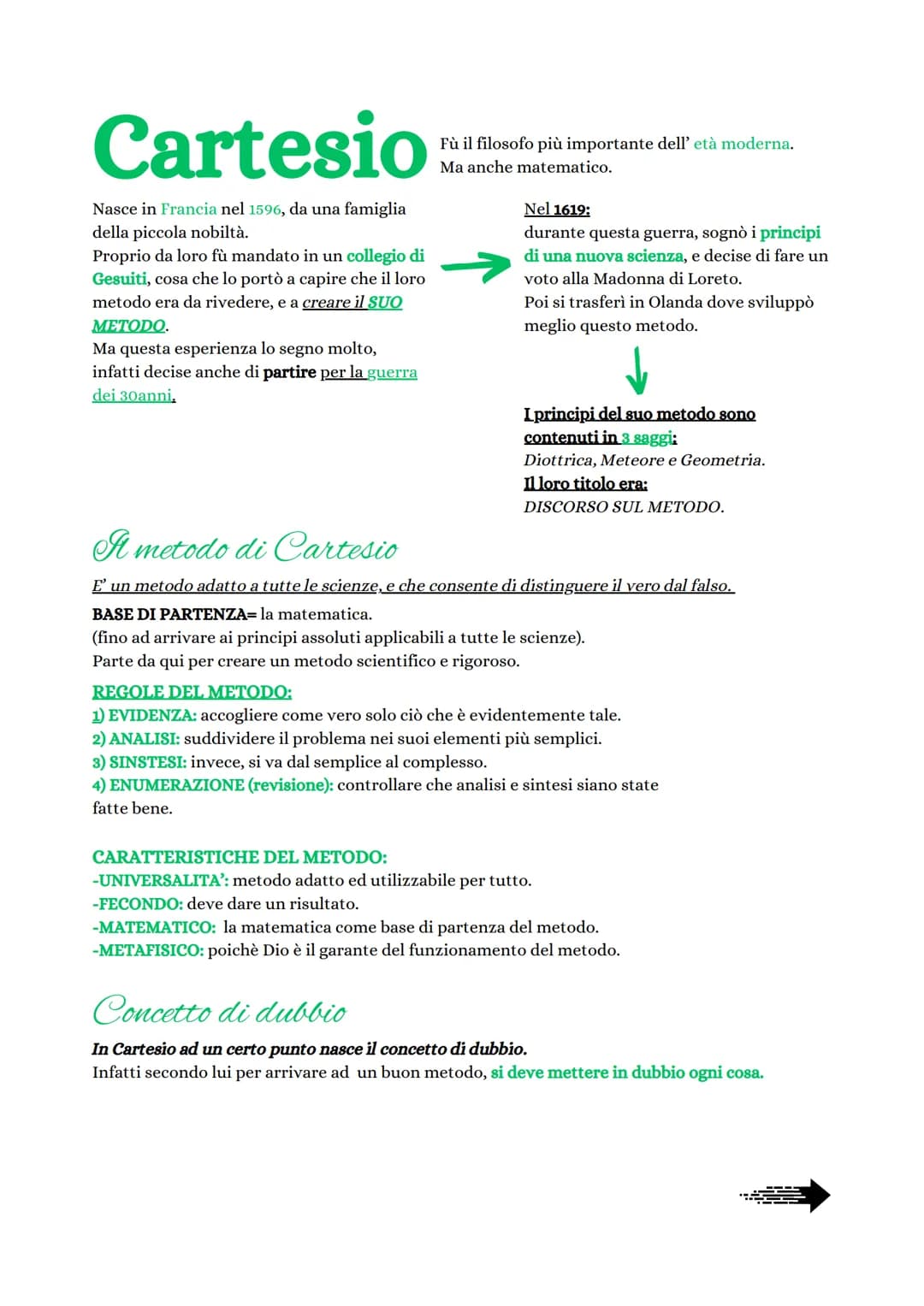 # Cartesio

Nasce in Francia nel 1596, da una famiglia
della piccola nobiltà.
Proprio da loro fù mandato in un collegio di
Gesuiti, cosa che