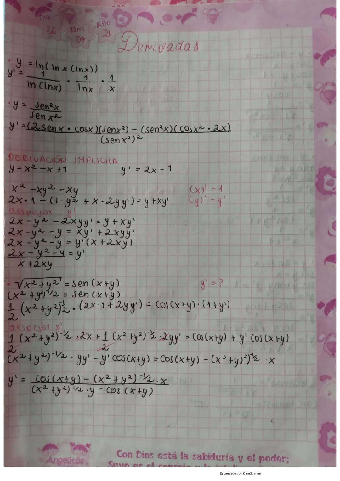 Dia
Mes
Año
* y = arcsenx
y=?
Seny=x
Cosy y' = 1
y'=$\\frac{1}{cosy}$
y'=$\\frac{1}{\\sqrt{1-sen^2y}}$
y'=$\\frac{1}{\\sqrt{1-x^2}}$
* y = o