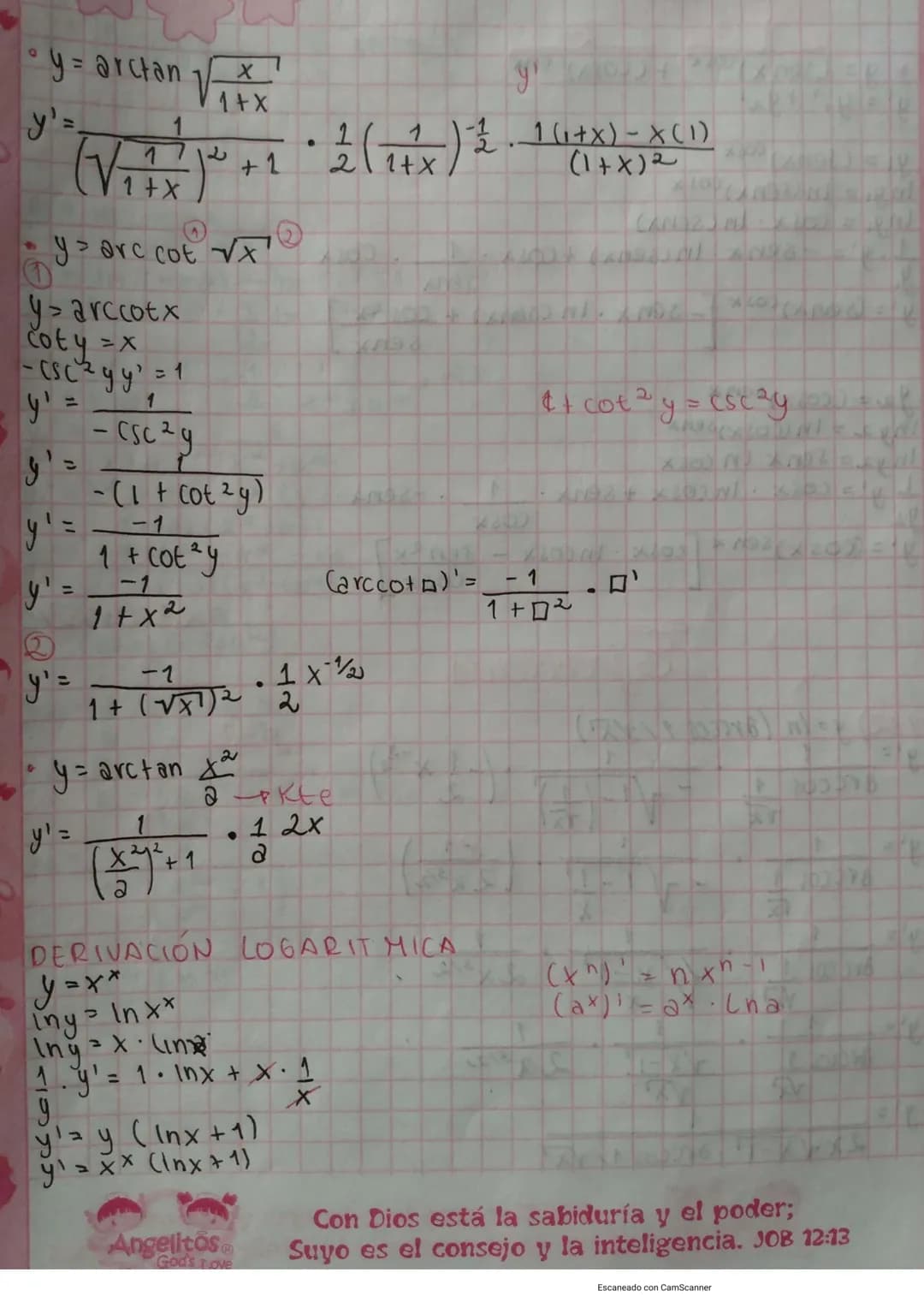 Dia
Mes
Año
* y = arcsenx
y=?
Seny=x
Cosy y' = 1
y'=$\\frac{1}{cosy}$
y'=$\\frac{1}{\\sqrt{1-sen^2y}}$
y'=$\\frac{1}{\\sqrt{1-x^2}}$
* y = o