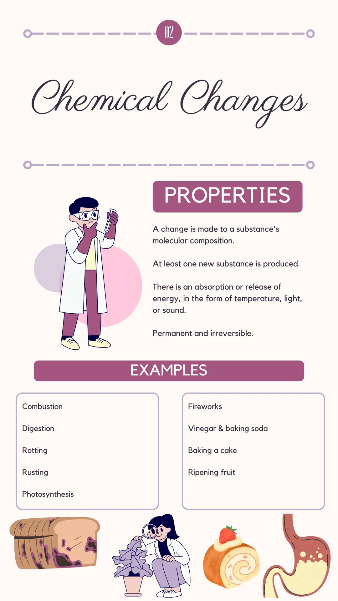---
01
# Physical Changes

## PROPERTIES

When a physical change occurs, a substance is
manipulated or rearranged, but its molecular composi