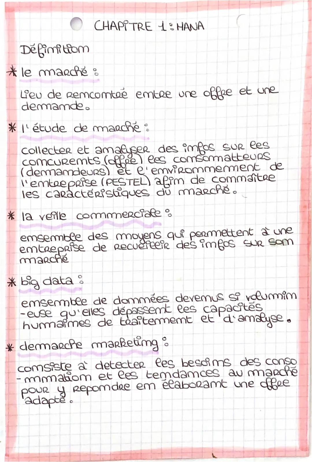 Défimitiom
* le marché :
CHAPITRE 1: HANA
Lieu de remcomtee entre une offre et une
demamde.
*l'étude de marché:
collecter et amatyser des im