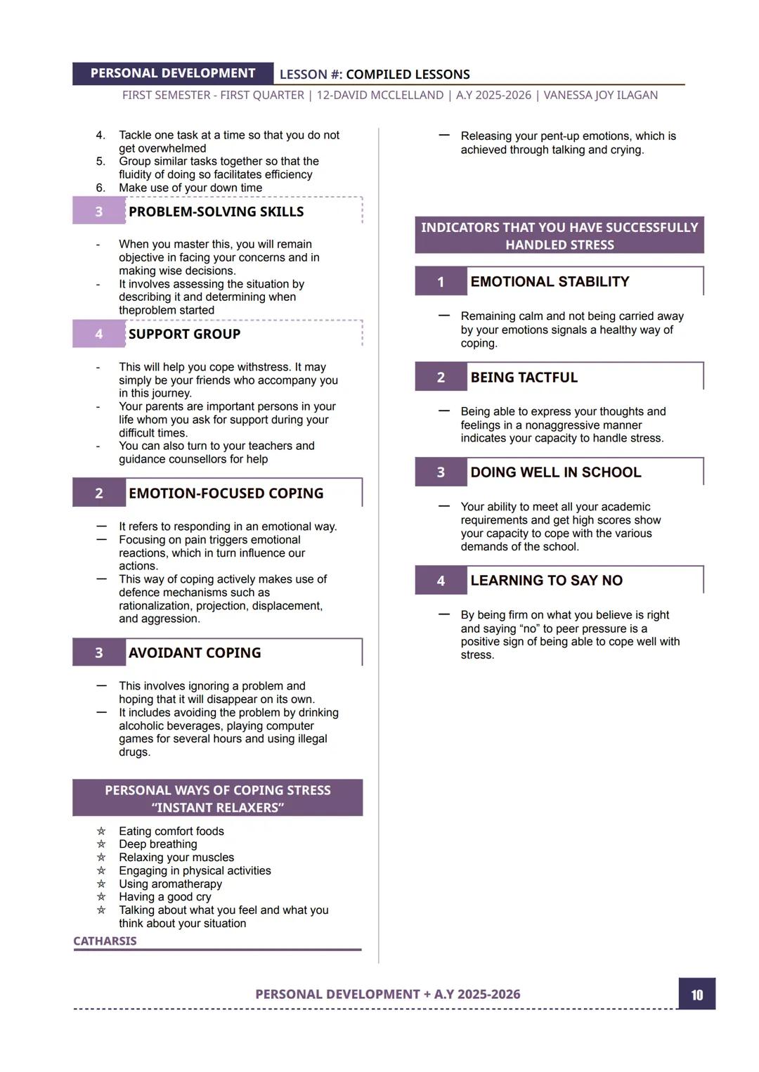 PERSONAL DEVELOPMENT
LESSON #: COMPILED LESSONS
FIRST SEMESTER - FIRST QUARTER | 12-DAVID MCCLELLAND | A.Y 2025-2026 | VANESSA JOY ILAGAN
LE