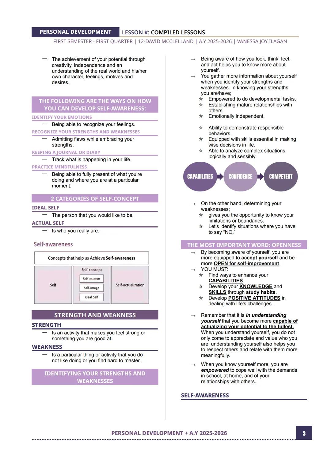 PERSONAL DEVELOPMENT
LESSON #: COMPILED LESSONS
FIRST SEMESTER - FIRST QUARTER | 12-DAVID MCCLELLAND | A.Y 2025-2026 | VANESSA JOY ILAGAN
LE