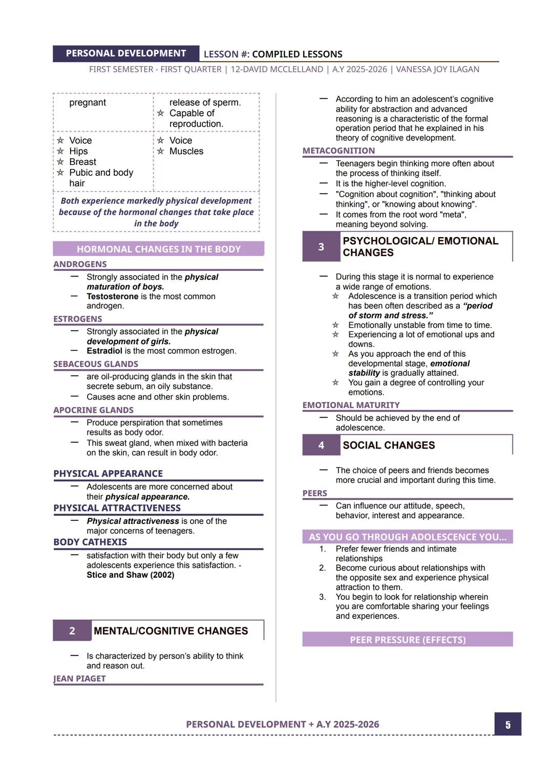 PERSONAL DEVELOPMENT
LESSON #: COMPILED LESSONS
FIRST SEMESTER - FIRST QUARTER | 12-DAVID MCCLELLAND | A.Y 2025-2026 | VANESSA JOY ILAGAN
LE