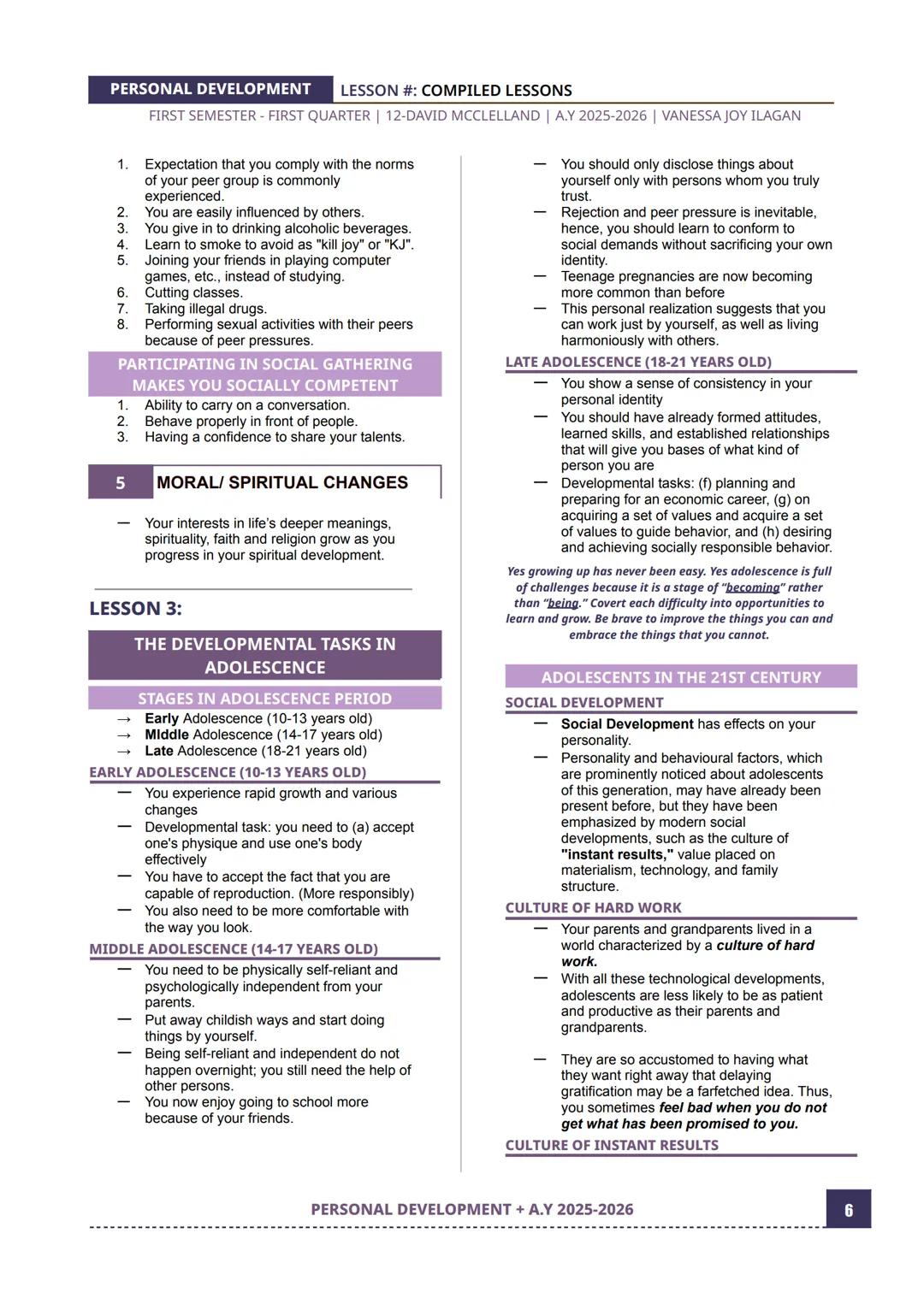 PERSONAL DEVELOPMENT
LESSON #: COMPILED LESSONS
FIRST SEMESTER - FIRST QUARTER | 12-DAVID MCCLELLAND | A.Y 2025-2026 | VANESSA JOY ILAGAN
LE