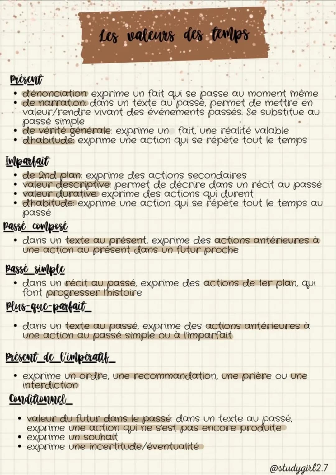 Les valeurs des temps

Présent
*   d'énonciation: exprime un fait qui se passe au moment même
*   de narration: dans un texte au passé, perm