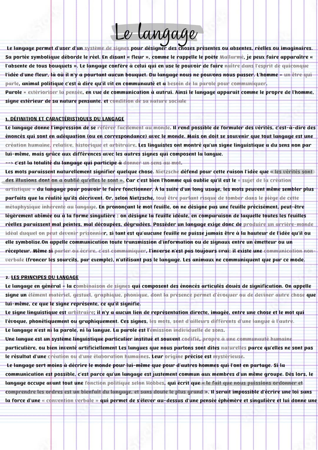 # Le langage

Le langage permet d'user d'un système de signes pour désigner des choses présentes ou absentes, réelles ou imaginaires.
Sa por