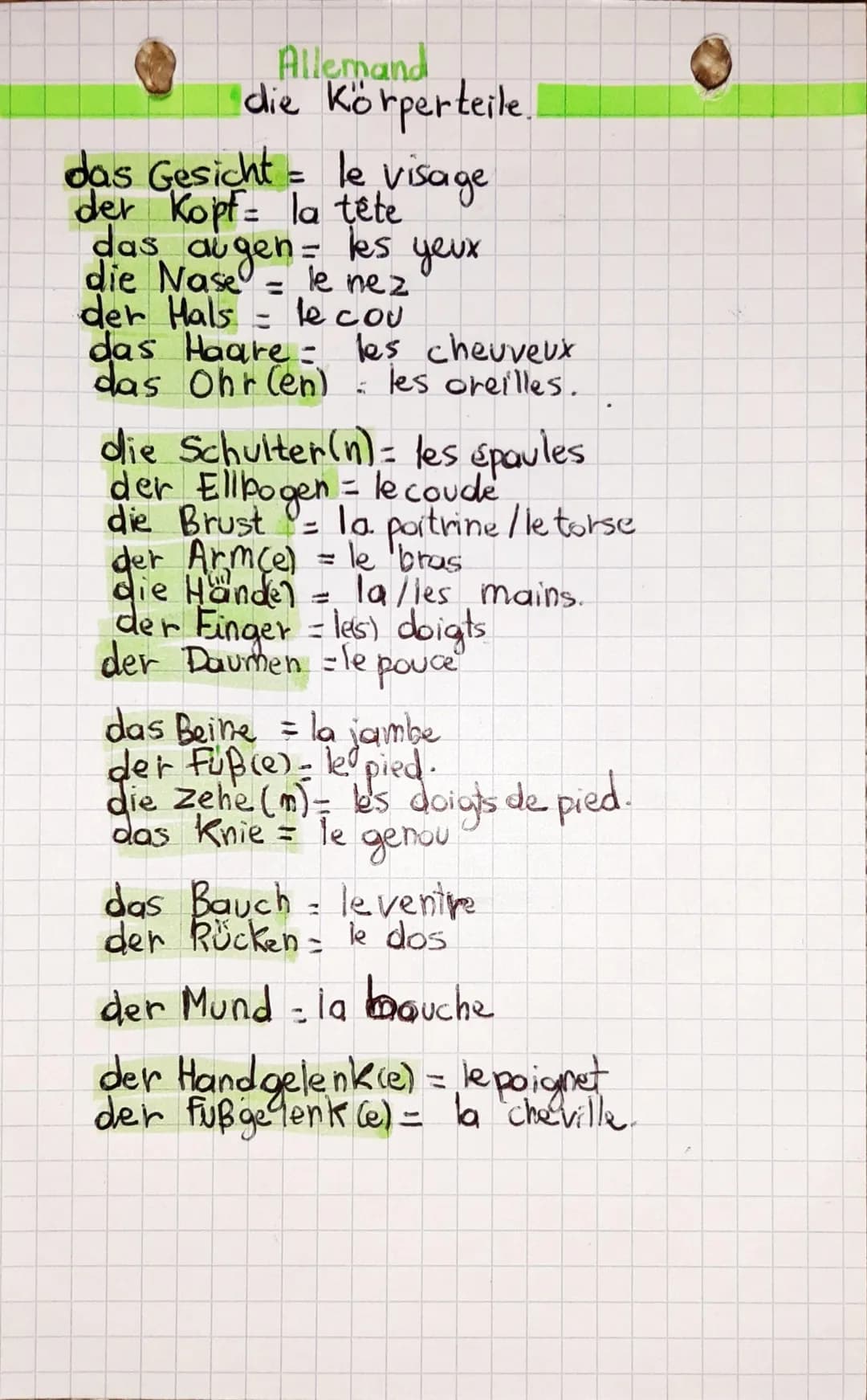 Allemand
die Körperteile.
das Gesicht = le visage
der Kopf= la tête
das augen= les yeux
die Nase = le nez
der Hals = le cou
das Haare = les 