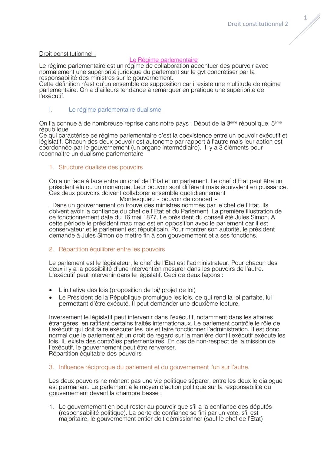 Droit constitutionnel:
Le Régime parlementaire
1
Droit constitutionnel 2
Le régime parlementaire est un régime de collaboration accentuer de