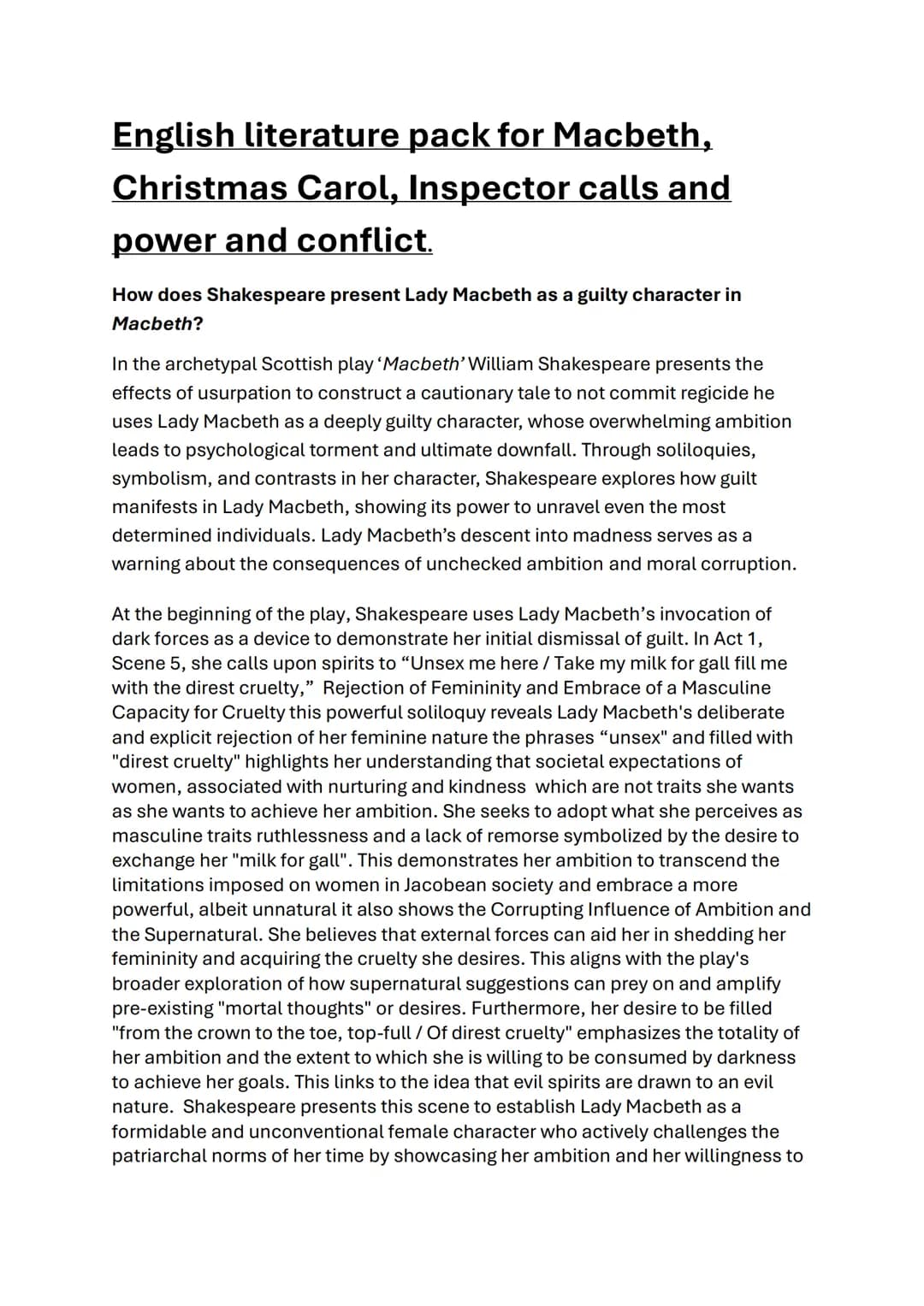 English literature pack for Macbeth,
Christmas Carol, Inspector calls and
power and conflict.

How does Shakespeare present Lady Macbeth as 