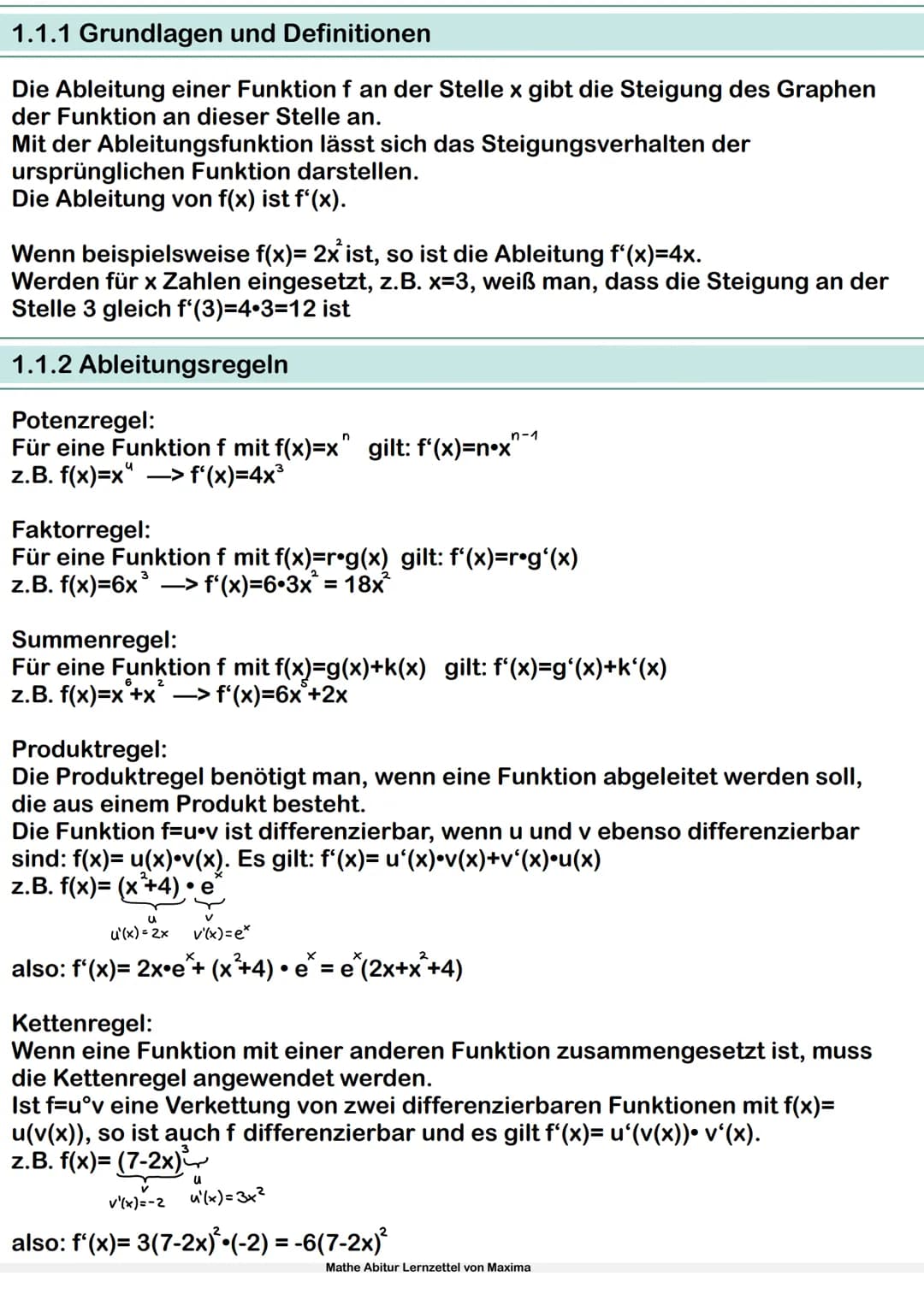 Mathe Abitur Lernzettel
von Maxima Inhaltsverzeichnis

1.Analysis

1.1 Ableitung
1.1.1 Grundlagen und Definition
1.1.2 Ableitungsregeln
1.1.