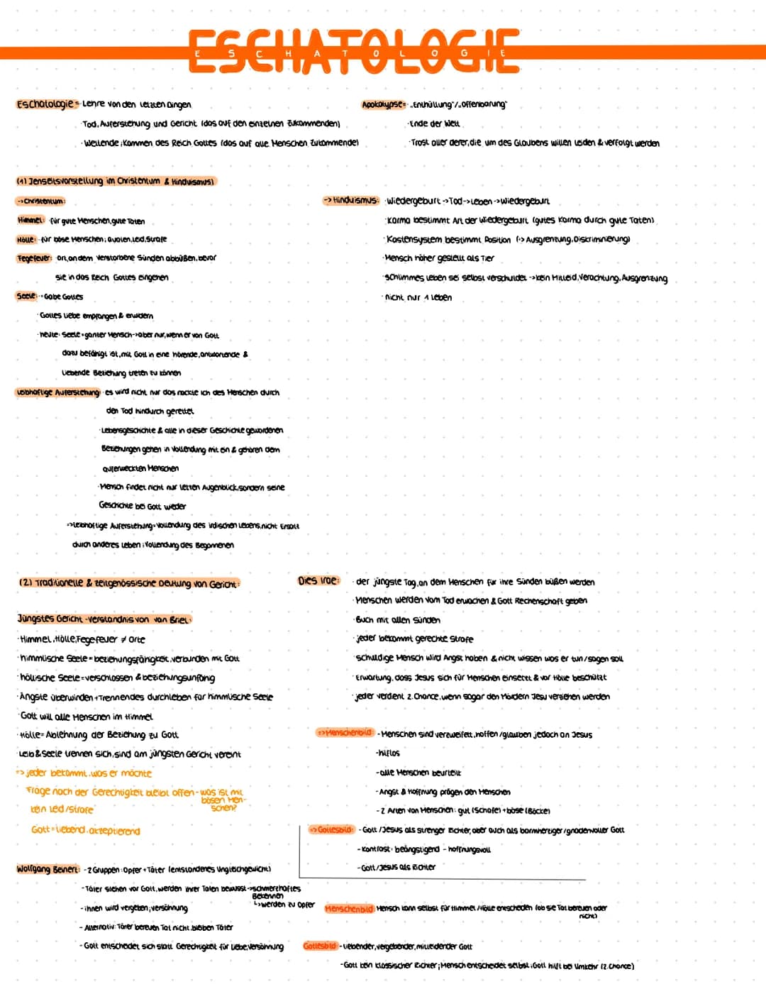 # ESCHATOLOGIE

Eschatologie Lenre von den letzten Dingen

Tod. Auferstehung und Gericht (dos auf den einzelnen zukommenden)

Wellende Komme