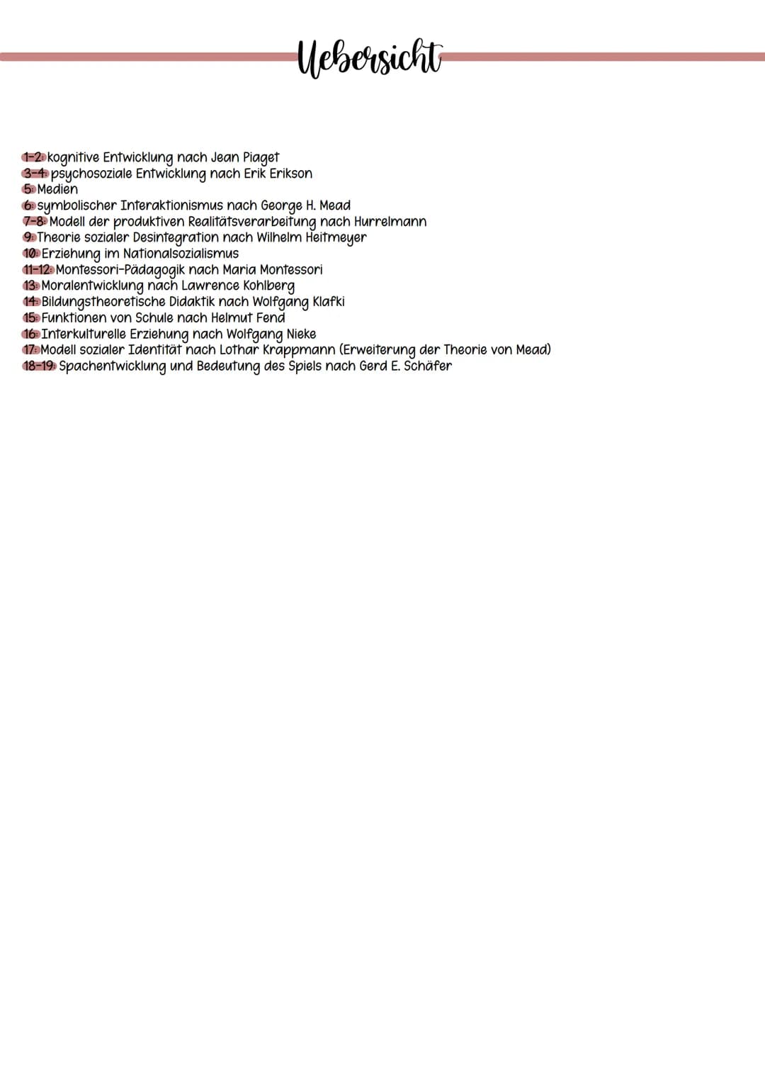 # Uebersicht

1-2 kognitive Entwicklung nach Jean Piaget

3-4 psychosoziale Entwicklung nach Erik Erikson

5 Medien

6 symbolischer Interakt
