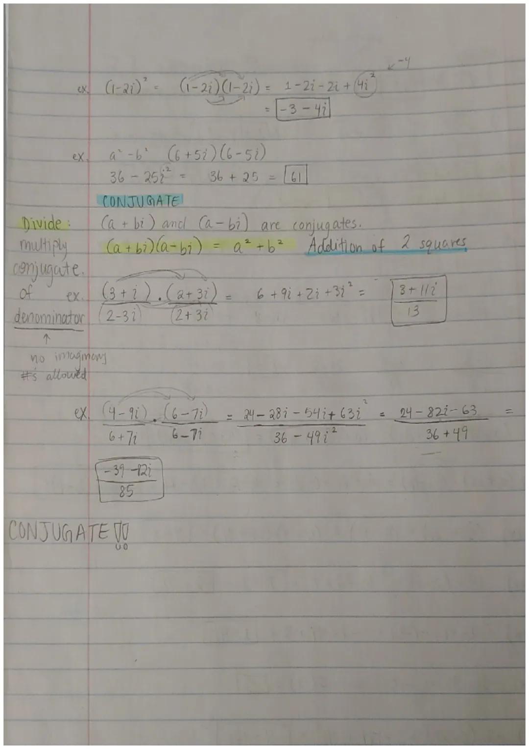 Quadratic Formula
*write real #'s first*
$x = \frac{-b \pm \sqrt{b^2-4ac}}{2a}$

$a + bi$

real # imaginary #

$i = \sqrt{-1}$
$i^2 = -1$

S