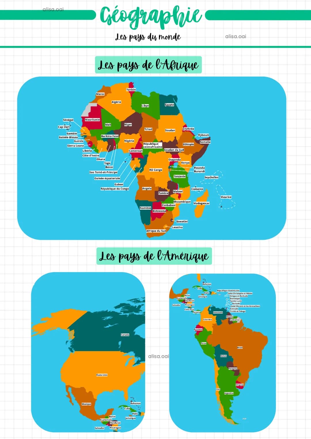 alisa.ogi
# Géographie
Les pays du monde

# Les pays de l'Afrique

unisie
Maroc
Algérie
Libye
Egypte
Sénégal
Mauritanie
Mali
Niger
Tchad
Ery