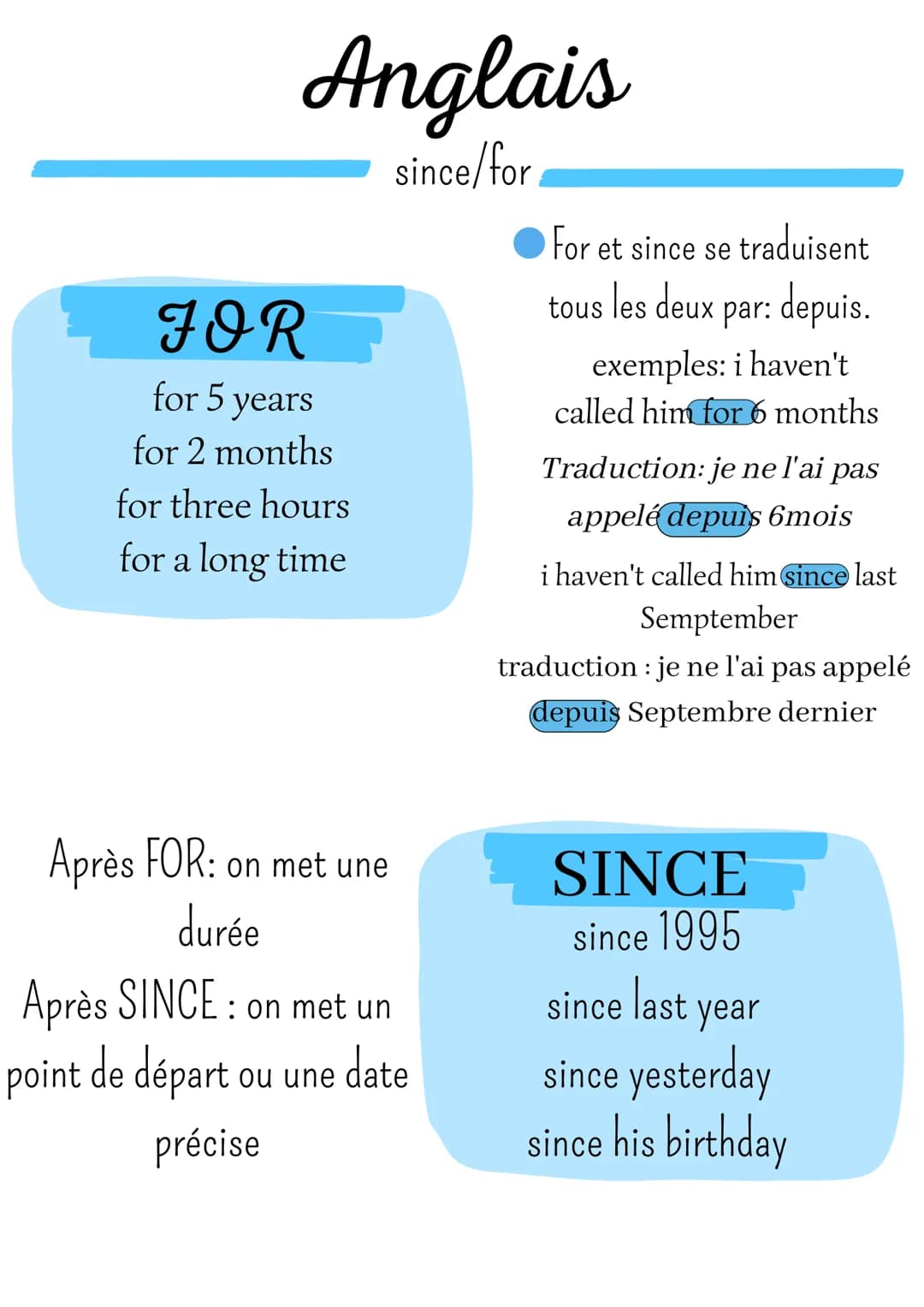 Anglais
FOR
for 5 years
for 2 months
for three hours
for a long time
since/for
For et since se traduisent
tous les deux par: depuis.
exemple