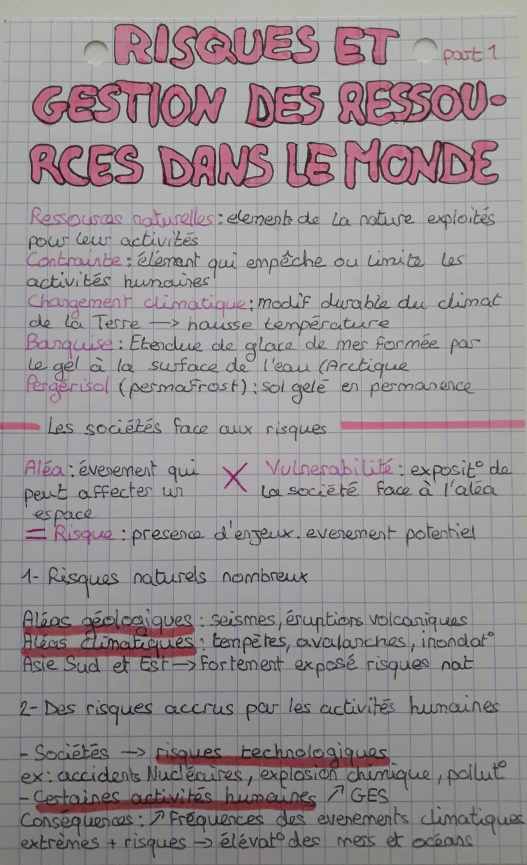 # RISQUES ET post 1
GESTION DES RESSOU-
RCES DANS LE MONDE

Ressources naturelles: elements de La nature exploités
pow lew activités

Contra