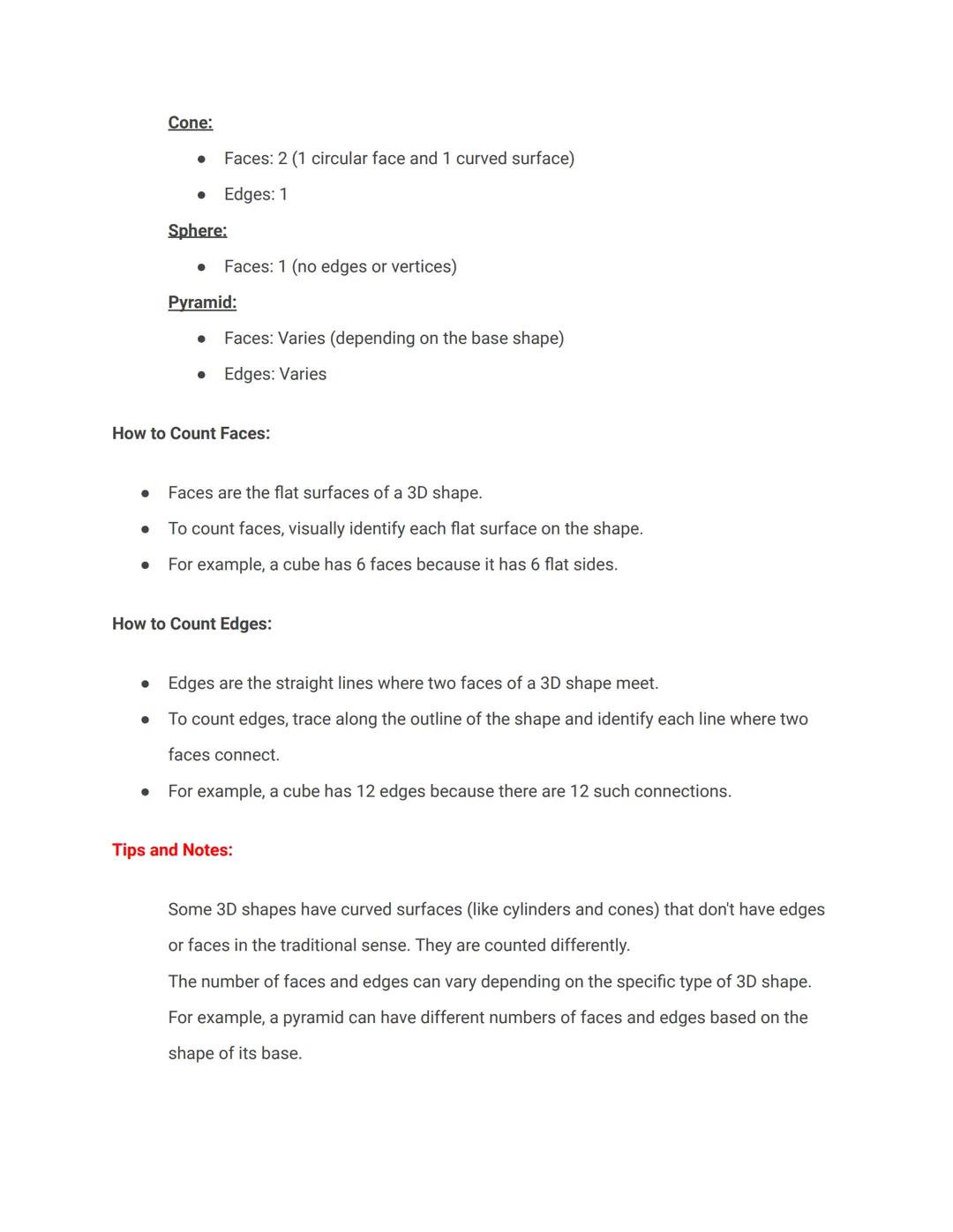 Study Note: Counting Faces and Edges of 3D Shapes (Geometric Solids)

Introduction to 3D Shapes:

*   3D shapes, also known as geometric sol