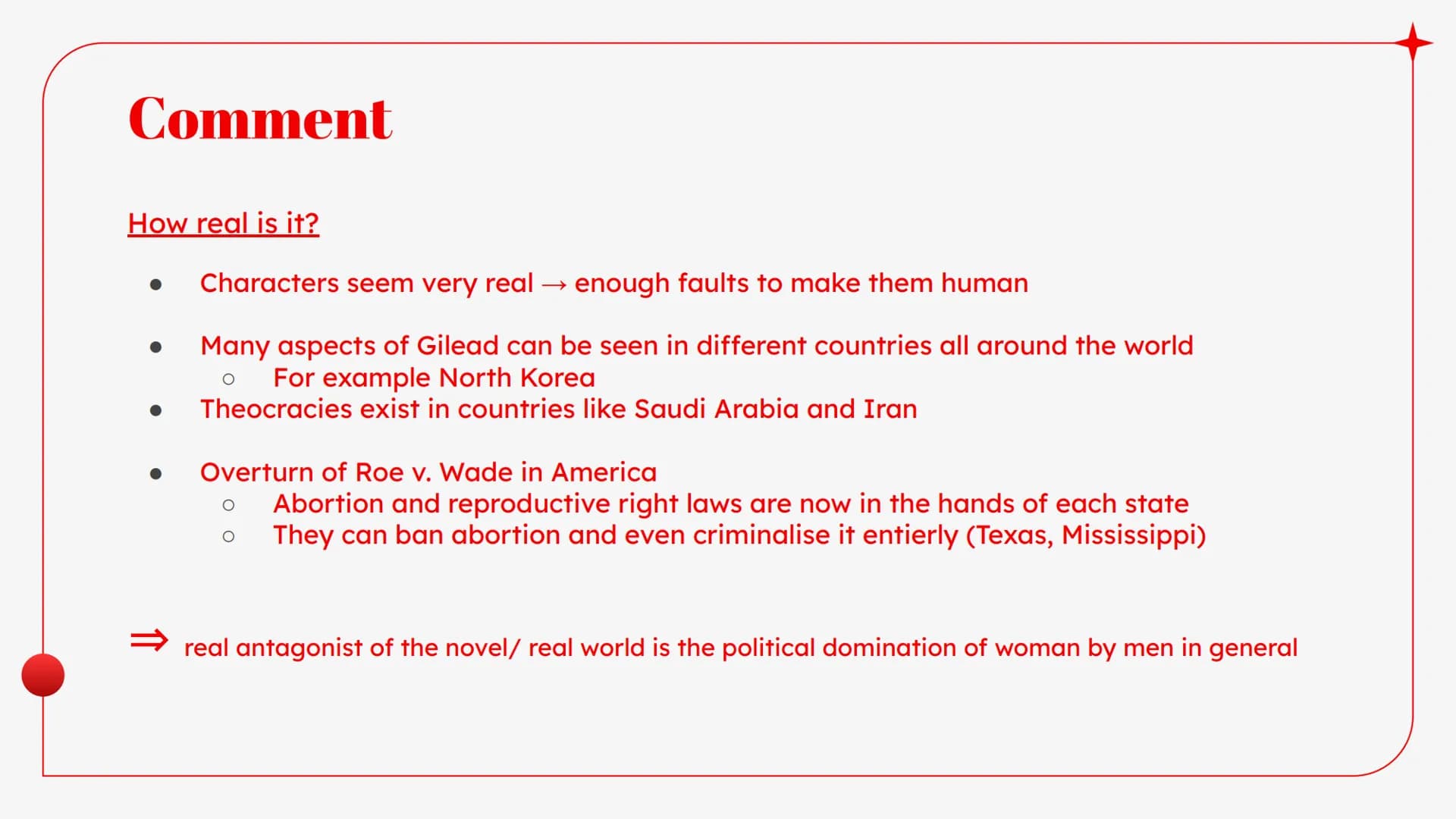 # The Handmaid's

Tale

THE HANDMAID'S TALE  # Plot summary

Republic of Gilead, a totalitarian state in America

:

*   One of the few woma