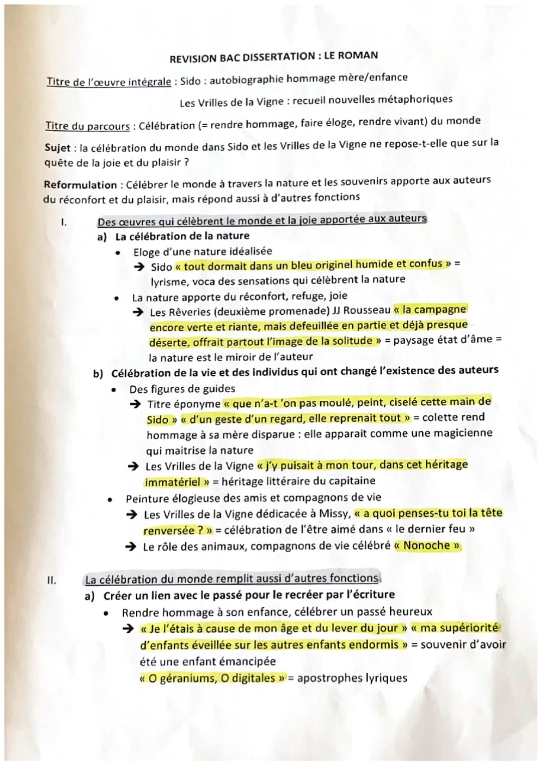 REVISION BAC DISSERTATION: LE ROMAN

Titre de l'œuvre intégrale: Sido: autobiographie hommage mère/enfance

Les Vrilles de la Vigne: recueil