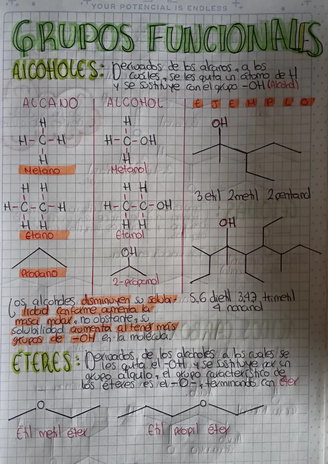 YOUR POTENCIAL IS ENDLESS ++
# GRUPOS FUNCIONALES
ALCOHOLES: Derivados de los alkaros, a los
Cuáles se les quta un atomo de H
y se sustituye