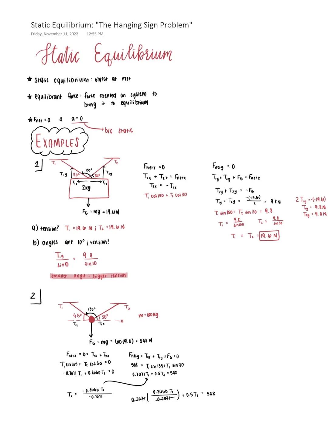 # Static Equilibrium: "The Hanging Sign Problem"
Friday, November 11, 2022 12:55 PM
# Static Equilibrium
*   Static equilibrium: object at r