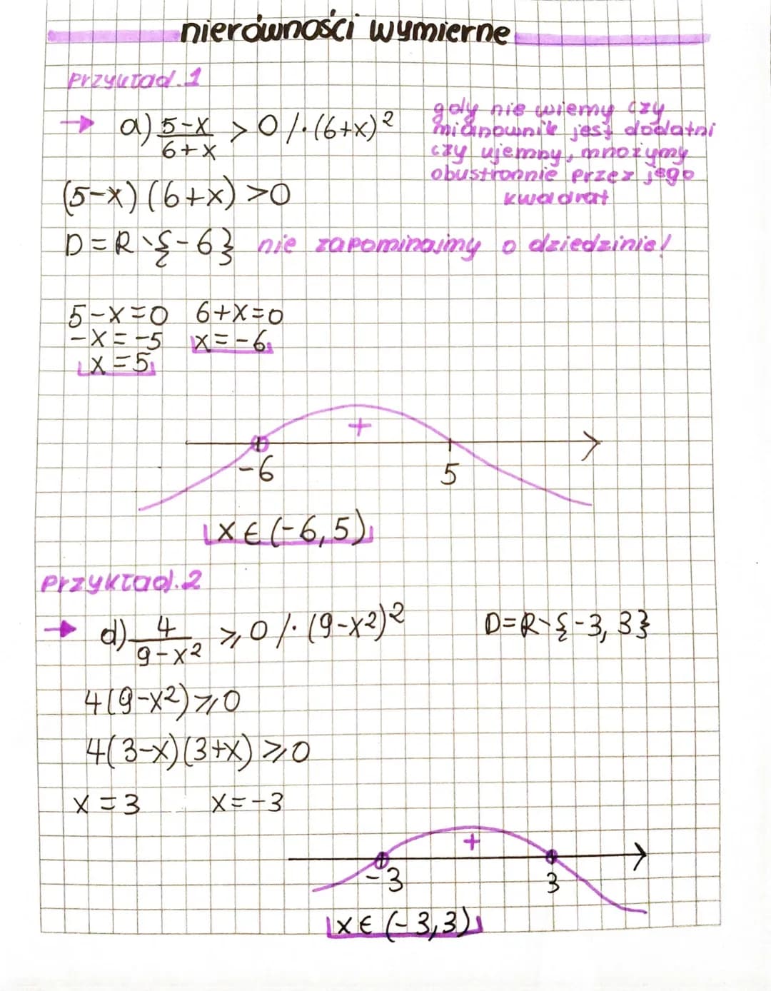 # nierówności wymierne

Przyutad.1

→ a) $\frac{5-x}{6+x}>0/(6+x)^2$

galy nie wiemy azy
micinownie jest dodatni
czy ujemny, mnożymy
obustro