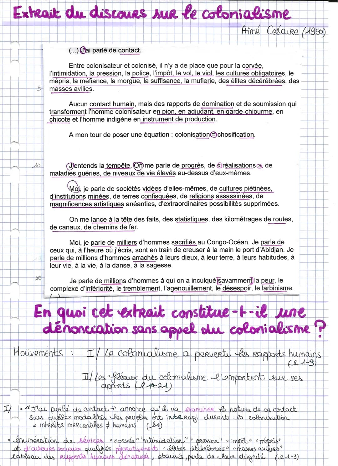 # Extrait du discours sur le colonialisme

Aime Cesaire (1950)

(...) Dai parlé de contact.

Entre colonisateur et colonisé, il n'y a de pla