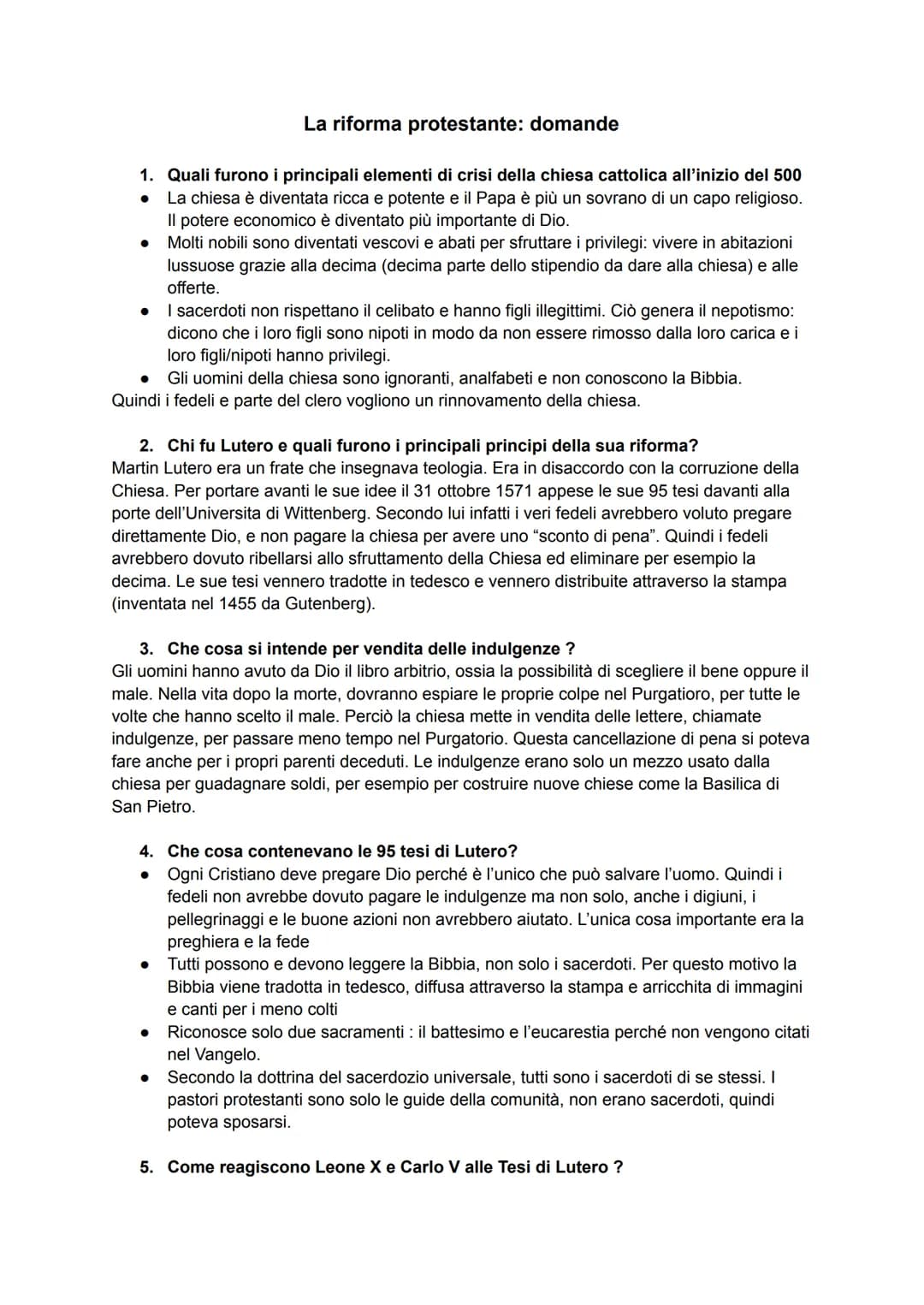 # La riforma protestante: domande

1. Quali furono i principali elementi di crisi della chiesa cattolica all'inizio del 500
   *   La chiesa