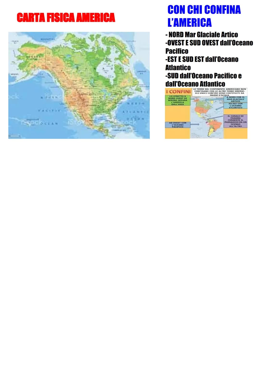
<h2>Cartina Fisica America</h2>
<p>L'America del Nord confina a nord con il Mar Glaciale Artico, a ovest e sud-ovest con l'Oceano Pacifico,