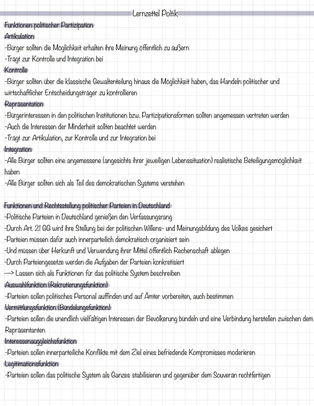 Lernzettel Poltik

Funktionen politischer Partizipation
Artikulation
-Bürger sollten die Möglichkeit erhalten ihre Meinung öffentlich zu äuß