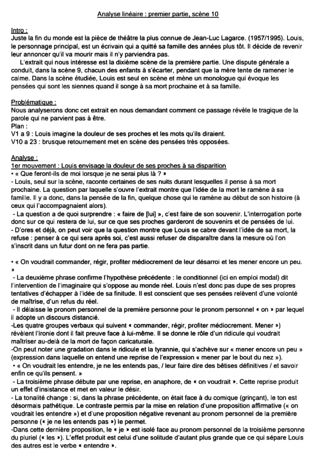 # Analyse linéaire: premier partie, scène 10

Intro:
Juste la fin du monde est la pièce de théâtre la plus connue de Jean-Luc Lagarce. (1957