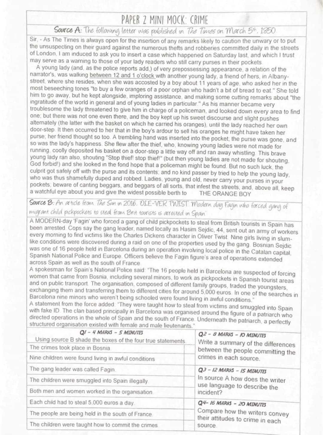 # PAPER 2 MINI MOCK: CRIME

Source A: The following letter was published in The Times on March 5th, 1850

Sir, - As The Times is always open