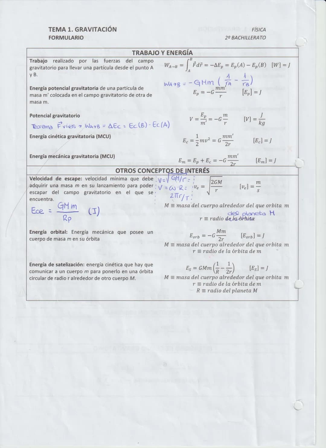 # TEMA 1. GRAVITACIÓN
FORMULARIO

Constantes Constante de gravitación universal, G = 6,67-10-11 N-m²
FÍSICA
2º BACHILLERATO
kg

Movimiento C