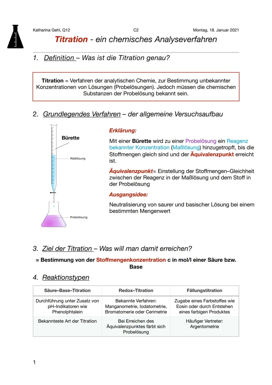 # Katharina Gehl, Q12

C2

Montag, 18. Januar 2021

# Titration - ein chemisches Analyseverfahren

1. Definition - Was ist die Titration gen