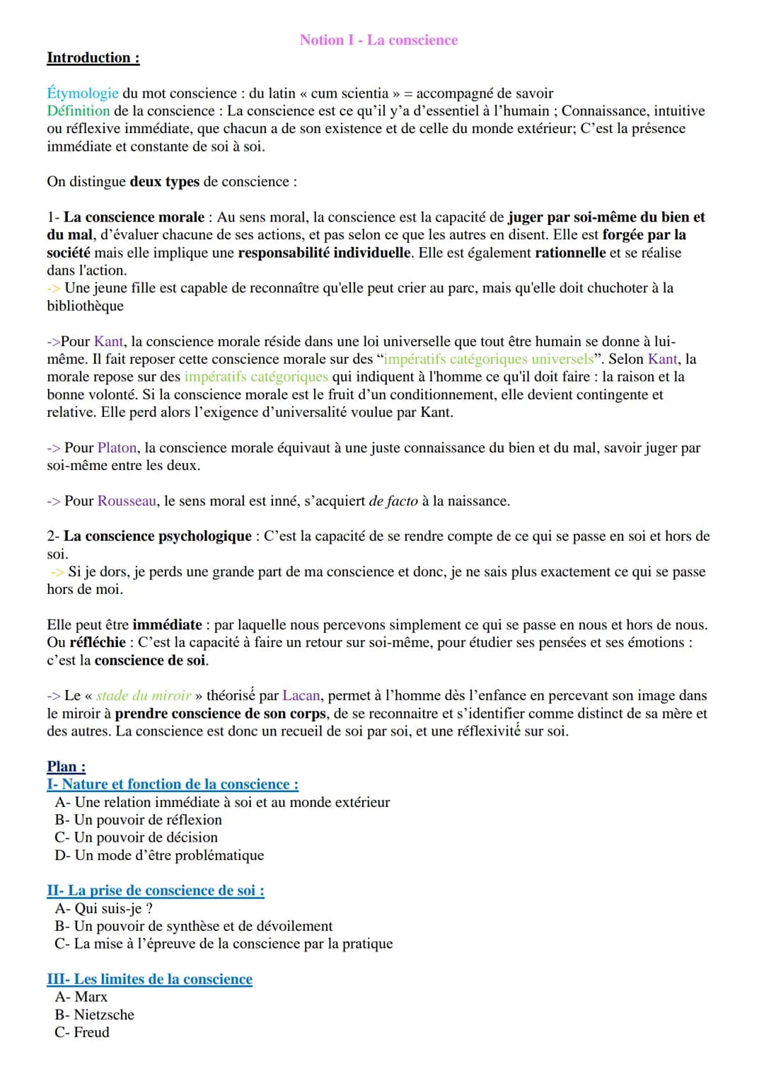 Introduction:

Notion I-La conscience

Étymologie du mot conscience: du latin « cum scientia > = accompagné de savoir
Définition de la consc